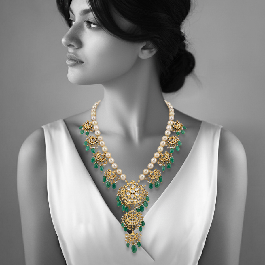 Pearl Chandbali Necklace with Emerald Drops